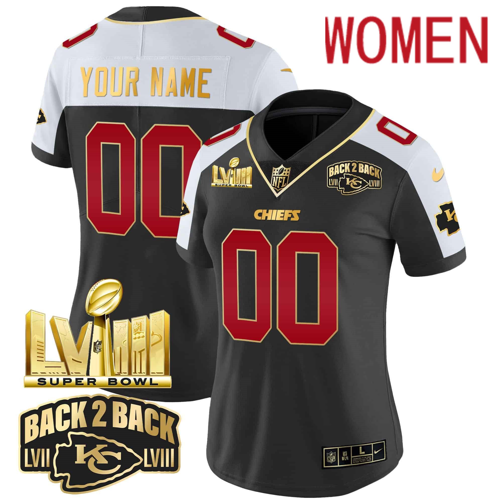Women Kansas City Chiefs Black 2024 Nike Super Bowl LVIII & Back-2-Back Gold Patch Vapor Custom NFL Jersey->customized nfl jersey->Custom Jersey